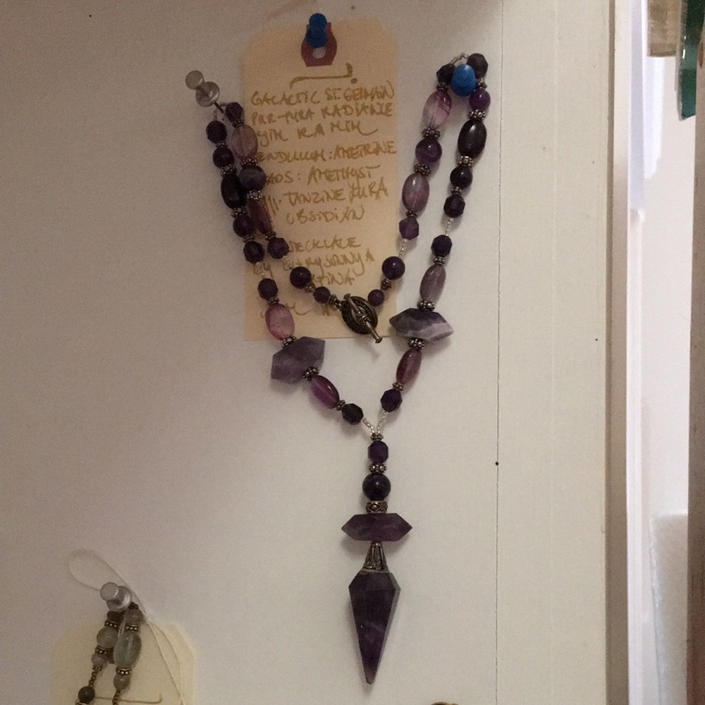 Amethyst, Tanzine Aura Quartz, Obsidian Crystal Handmade one of a kind necklace